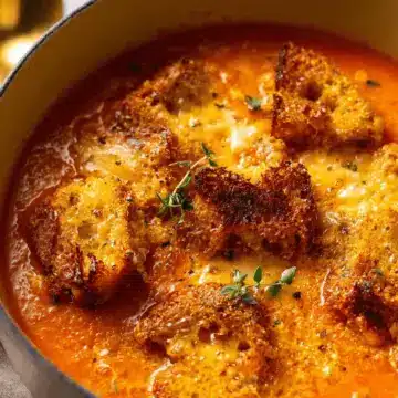 Roasted Tomato Soup with Cheesy Crouton Topper
