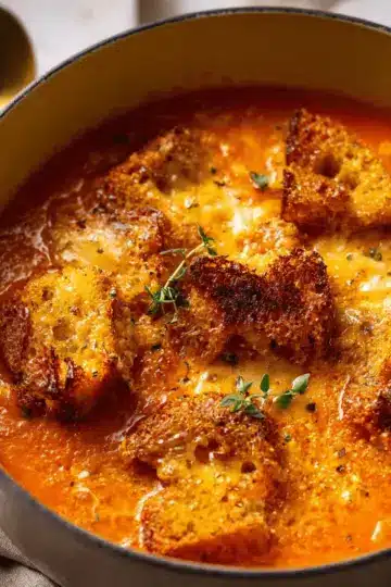 Roasted Tomato Soup with Cheesy Crouton Topper