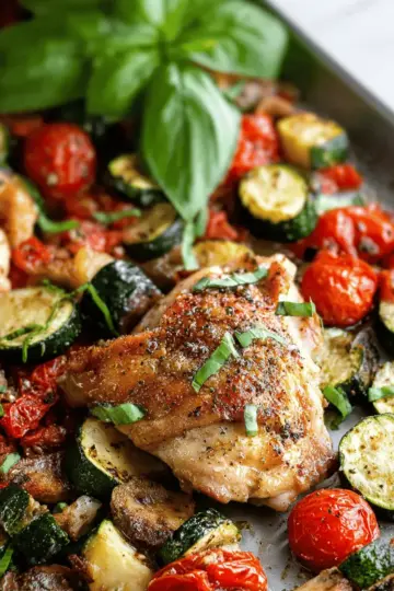 Sheet Pan Chicken with Zucchini Tomatoes and Basil