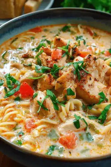 Creamy Parmesan Cajun Chicken Pasta Soup
