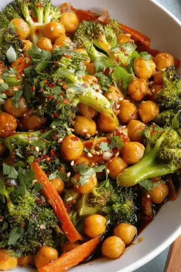 Vegan Garlic Chickpea Stir Fry with Broccoli and Carrots