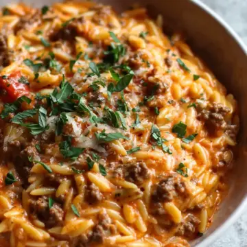 Ground Beef Orzo with Tomato Cream Sauce and Fresh Basil
