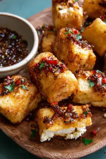 Oven Fried Feta Rolls with Chili Honey.