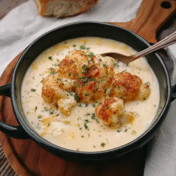 Roasted Garlic Cheddar Cauliflower Soup