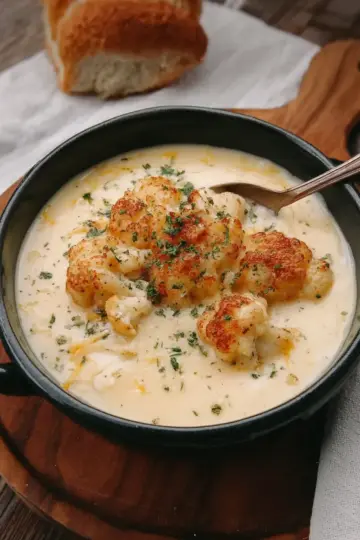Roasted Garlic Cheddar Cauliflower Soup